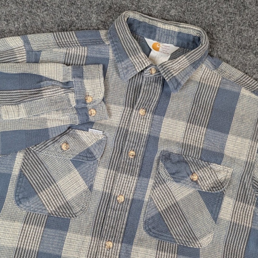 Carhartt Rugged Outdoor Wear Mens Blue Grey Plaid‎ Flannel Button Down Shirt L/S